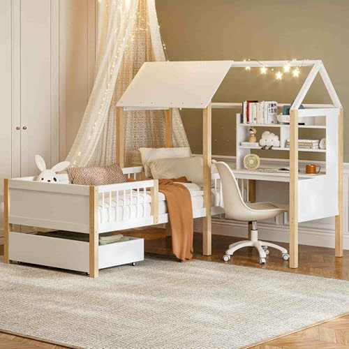 Lit Enfant Multifonctionnel en L avec Rangement Intégré, Bureau et Étagère, Design Moderne en Bois Massif et MDF, Tiroirs sur roulettes, Cadre de Lit pour Chambre Complète