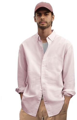 Vasego Chemise Oxford à manches longues et col boutonné pour homme, Rayures rose clair, XXL