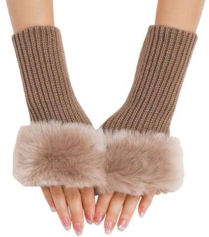 Winter Gestrickte Handschuhe mit Plüsch für Damen Warm Strick Handschuhe Pluswärmer Handstulpen Armwärmer Stulpen für Damen Fingerlose Armstulpen Feinstrick lang Handwärmer Stulpen (Khaki, One Size)