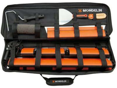 Mondelin - Textilkoffer mit 5 Ergo-Klingen – Ratissur – 1 Rolle für Spachtelmasse – Stange 75 – 140 cm mit schwenkbarem Kopf – 1 Helismesser – 1 Trockenmesser aus 2 Materialien, 152 mm – leichtes