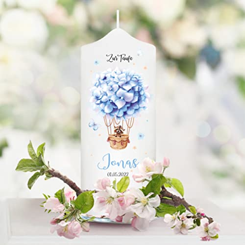 Wandtattoo Loft Taufkerze Junge personalisierte Patenkerze, Heißluftballon aus blauen Blumen, 18cm x 7cm, personalisierte Kerze, bedruckte Kerze Taufe, Stumpenkerze, Geburtskerze, Taufgeschenk