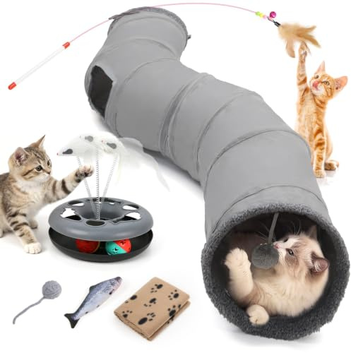 Cat Tunnel Cat Toys for Indoor Cats Adult, Interactive Toys Set with Spining Balls, Feather Wand, Fish, blanket and Ball toy, Kitten Toys for Boredom, Cat Accessories