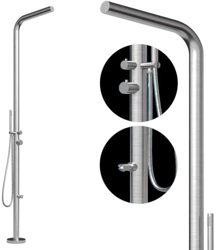 Four & More Designer Gartendusche Außendusche Pooldusche Regendusche Duschsäule Dusche aus gebürstetem V4A / 316 Edelstahl Modell NALU mit Warm- & Kaltwasseranschluß für den Garten