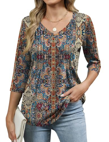 IECCP Top da donna con maniche a 3/4, maglietta estiva con scollo a V da donna plissettata con stampa floreale, camicetta casual elegante 2025, Stampa etnica retrò, M