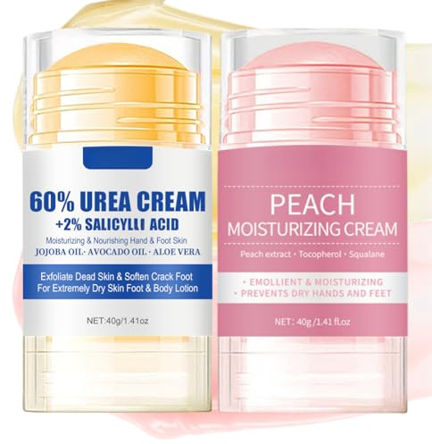 2Pcs Urea Cream 60 Percent for Feet & Peach Foot Moisturiser, Foot Cream Stick for Intensive Care, 60% Urea Foot Cream for Cracked Heels & Dry Skin, Cracked Heel Repair Balm, Moisturising & Repairing