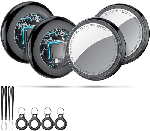 Tukio Air Tags 4er Pack Schwarz, Smart Key Finder Kompatibel mit Apple Wo ist? APP (iOS NUR), Air tagg für Schlüssel/Taschen, Koffer-Tracker mit Austauschbarer Batterien, Kleine Elektronik Tracker.