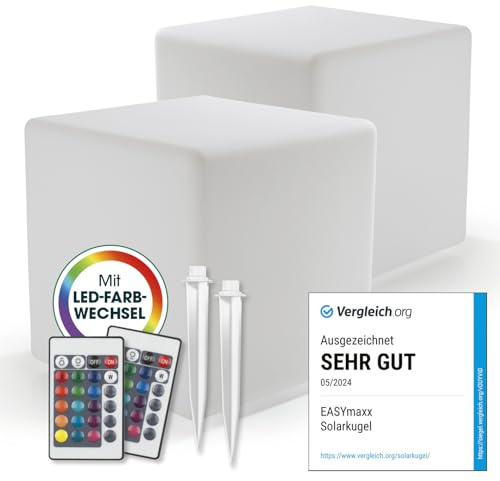 EASYmaxx LED Solarleuchte mit Fernbedienung | 2 kaltweiße Leuchten - Würfel mit Solarbetrieb & Farbwechsel | dimmbare Helligkeitsstufen, 12 Farben & 5 Leuchtmodi | inklusive Erdspieß & Dämmungssensor
