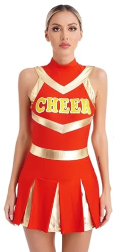 CNYUON Glänsande cheerleading-uniform för kvinnor, cheer dansklänning, kostym, veckad tryckt klänning, ungdomliga, sexiga skolflickor-fyrkläder med tillbehör (röd, S)