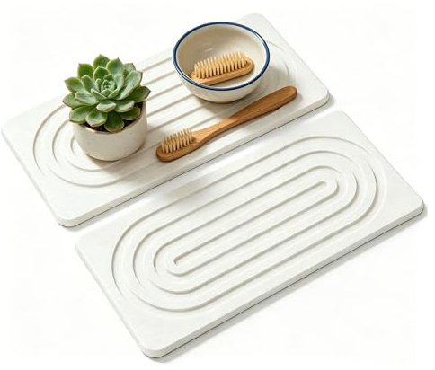 Higijapuf 2 Pcs Coasters, Diatomite Dish Drying Mat for Kitchen Counter, Stone Drying Mat with Grooves and Silicone Feet, White 8.3 x 4 Inch for Soap Sponge Cups Sink Tray
