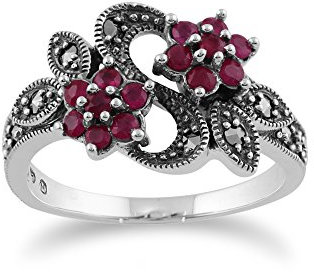 Gemondo Bague Art Nouveau, Argent Massif 925 0,58 CT Rubis & Marcassite Anneau Floral