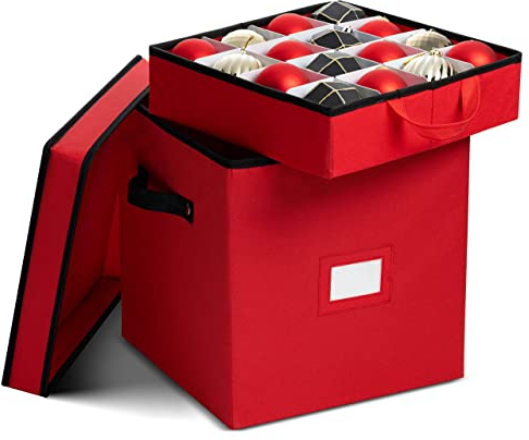 Zober Christmas Ornament Storage Box - Stores 64 Ornaments - Non-Woven, Tear- Proof Christmas Ornament Storage Containers - 3 Inch Cube Compartments - Red