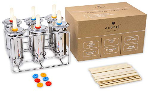 Ecozoi Stainless Steel Popsicle Molds, 6 Metal Ice Popsicle Makers, 30 Reusable Bamboo Sticks, 12 Silicone Seals and 1 Rack, Eco Popsicle Molds for Kids and Adults, 3 oz Per Mold (Round)