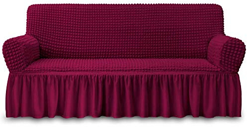 NICEEC Sofa Slipcover Red Sofa Cover 1 Piece Easy Fitted Sofa Couch Cover Universal High Stretch Durable Furniture Protector with Skirt Country Style (3 Seater Wine Red), Large