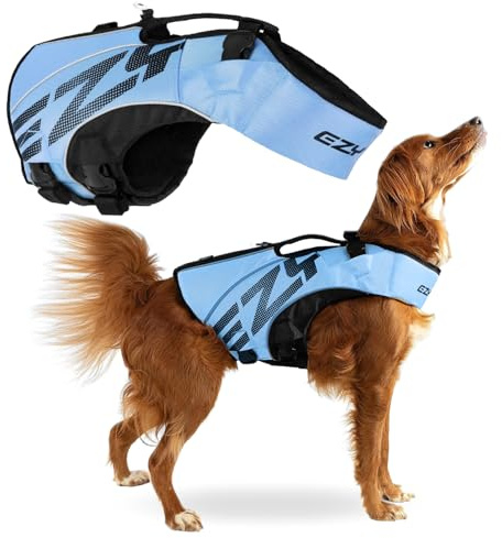 EzyDog Premium Schwimmweste Hund, DFD X2 Hundeschwimmweste, Schwimmwesten für Kleine, Mittelgroße und Große Hunde, Rettungsweste mit Griff - Blau- L- 76-85 cm