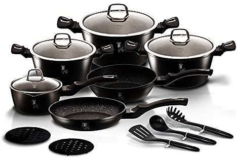Berlinger Haus 15-Piece Lava Stone Cookware Set Silver Black