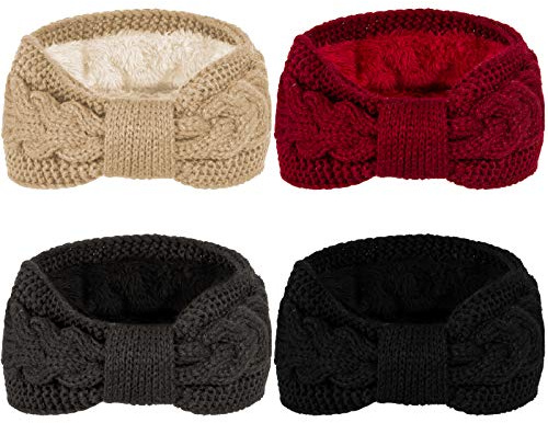 Whaline Winter-Strick-Stirnbänder, Twist-Kabel-Kopfwickel, flauschiges gefüttertes Stirnband, geknotet, gehäkelt, Turban, dick, Ohrwärmer, elastisches Haarband, Zubehör für Mädchen und Frauen, 4 Stück