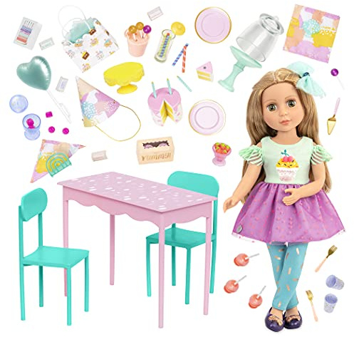 Glitter Girls Sashkas Geburtstagsset, bewegliche 36 cm Puppe | Überraschungs-Geburtstagsparty mit Tisch, 2 Stühlen, Torte, Süßigkeiten, Deko und beweglicher Puppe, 3+ Jahre