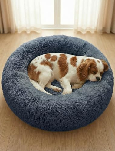 OKPOW Donut-Hundebett, 60 cm, beruhigend, Anti-Angst, mittelgroß, waschbar, weich, warm, Plüsch-Fleece, flauschig, beruhigendes Katzenkissen, rund, orthopädische Entlastung, verbessertes Schlafen,
