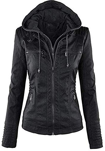 Newbestyle Veste Cuir Femme Fermeture Éclair Manteaux à Capuche Court Veste Blousons femme,black,XXL
