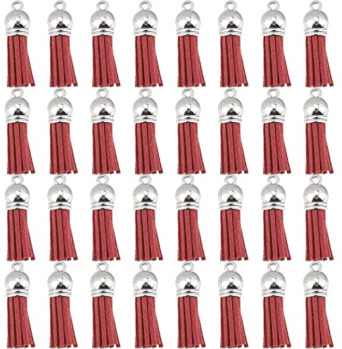 SUNNYCLUE 100Stück Kunstleder Wildleder Quasten Leder Quaste Charms Bulk Für Schlüsselanhänger Dekoration Mit CCB Kunststoff Kordelenden Für DIY Schmuckherstellung Lesezeichen Dekorationszubehör Rot