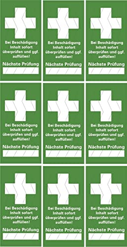 9 x Erste Hilfe Sicherheitsetiketten „Bei Beschädigung Inhalt prüfen“ Kontroll Prüfsiegel Folie selbstklebend | Variante wählbar Made in Germany, Größe: 3x6cm | grün