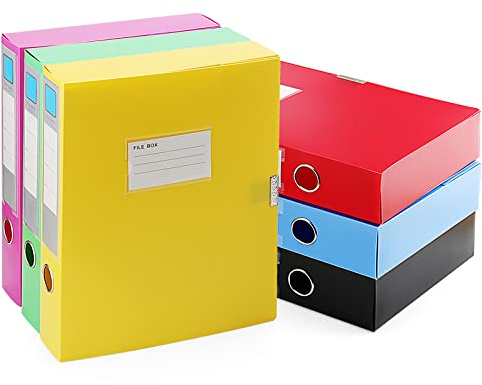 HAKZEON Lot de 6 boîtes de classement de couleurs assorties, dos de 55 mm, classeurs à anneaux avec crochet en tissu et fermeture à boucle, porte-documents en plastique pour bureau et maison