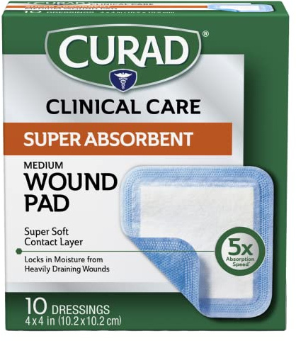 Curad Super Absorbent Wound Pad, Medium, 4 x 4, 10 Count