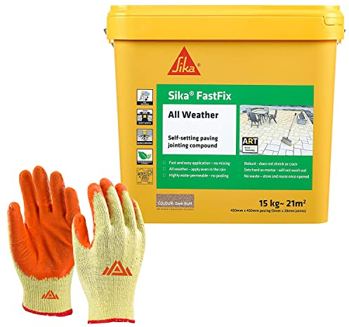 Fast Fix All Weather-Ready to Use, Self-Setting Paving Jointing Compound for Any Weather, Suitable for Stones Setts, Paving Block and Footpaths 15kg - 21 sq.m Dark Buff with Free Gloves