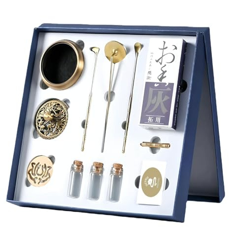 Yoga & Meditation 16pcs Incense Burner Kit - Complete Ash Powder Burner Set with Brass Censer, Art Mold Tools & Chinese Incense Burner in Gift Box for Relaxation, Home Fragrance