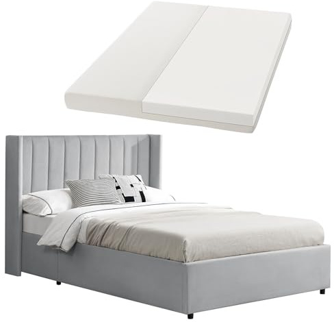 Juskys Polsterbett Savona 120x200 cm mit Matratze, Bett mit Stauraum, Samt-Bezug, Bettgestell aus Holz, bis 250 kg, großes Kopfteil, Hellgrau