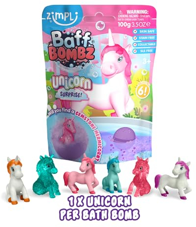 Bomba de Baño Sorpresa Unicornio Grande de Zimpli Kids, 6 Juguetes Unicornio Sorpresa para coleccionar, Set de Regalo Efervescente para Niños, Juguete para Rellenar Calcetines