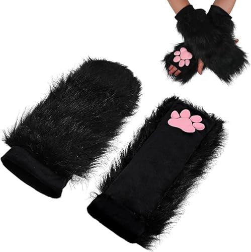 SIROLISA pälsig katt tass handskar för kvinnor mjuka 3D tår bönor fingerlös katt klo tassar vadderad ärm, Svarta handskar, En Storlek