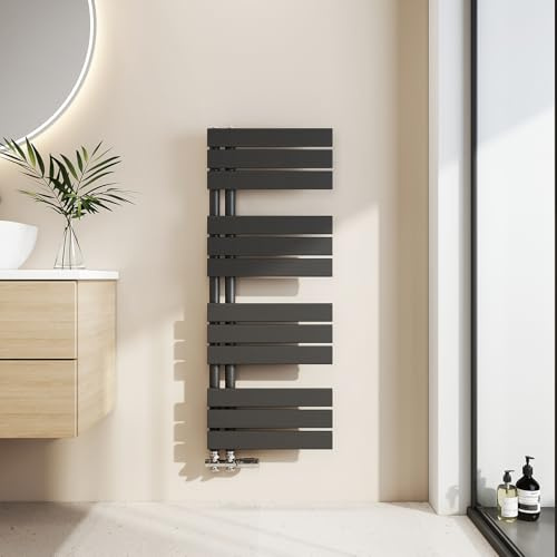 EMKE Toallero Baño Radiador Plano, toallero de Paneles, 1041 x 400 mm, Negro, secador de Toallas con conexión Lateral, 456W, radiador secador de Toallas de Agua Caliente
