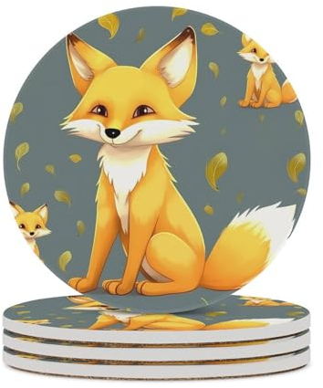 Gelber Fuchs-Untersetzer, saugfähig, Keramik-Stein, Getränkeuntersetzer mit Halter, Keramik-Untersetzer mit Korkboden, 10,2 cm, Tischschutzmatte für Heimdekoration, Küche, Bar