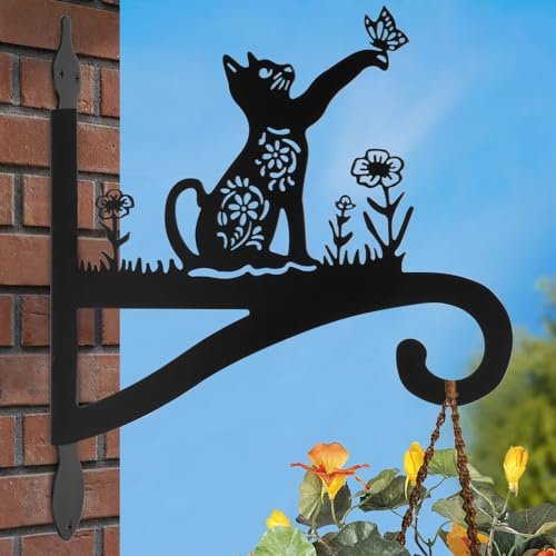 Metal Wall Mount Plant Hanger for Outdoor & Indoor Use - Heavy Duty Hanging Plant Bracket for Flower Pots, Bird Feeders, Wind Chimes, Lanterns, and Hanging Baskets - Includes Screws (Cat Design)