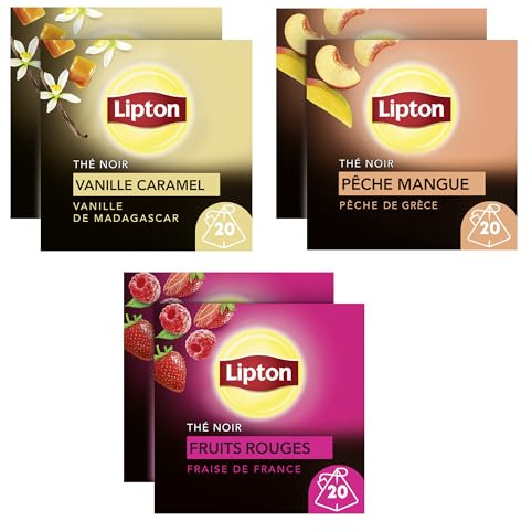 Lipton Thé Noir Afternoon routine Lot de 6 boîtes: x2 Fruits rouges, x2 Pêche Mangue x2 Vanille Caramel, 6x20 sachets, 120 Sachets