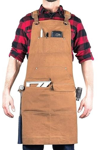 Arbeitsschürzen aus Segeltuch for Männer mit Taschen, verstellbarem Riemen und mehreren Taschen, Tischlerschürze, Werkzeugschürze, Künstler-Malschürze for Geschäft, Garten, Restaurant, Café, Elektrike