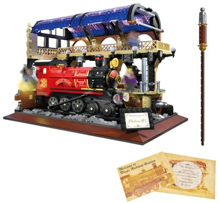 Harry Zauber Zug Bahnhof Petter Bausteine Set, Retro Wizard World Steam Express Lokomotive mit Zauberstab Klemmbausteine Bausatz, Hexe Zauberer Spielzeug Geschenk für Jugendliche Erwachsene 1308Teile