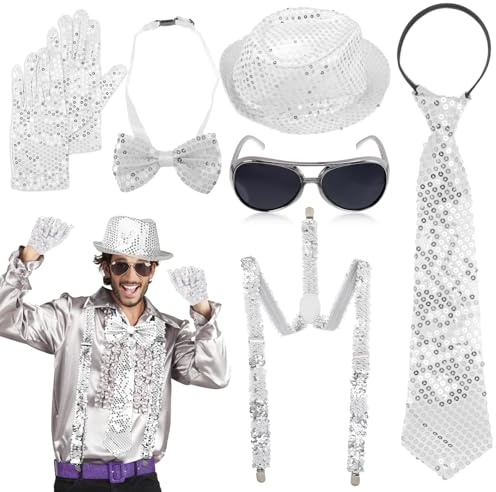 CIGTSICO Glitzer Outfit Herren, Glitzer Kostüm Disco Outfit Herren, Glitzer Accessoires Herren mit Glitzer Krawatte Hut Fliege Hosenträger, Glitzeranzug für Bayrischedeko Oktoberfest Dance Performance