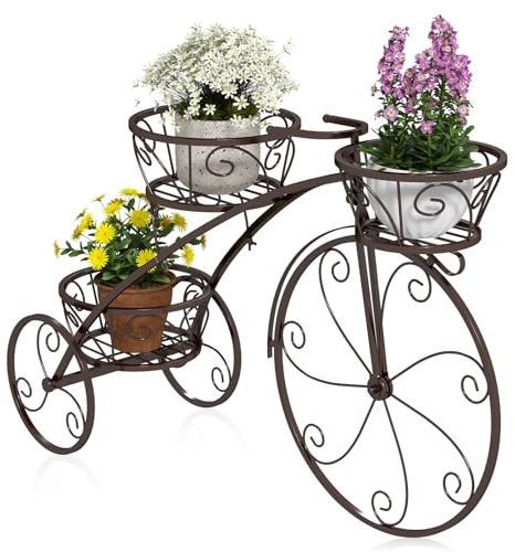 HOMASIS Blumenständer im Fahrradform, Blumentreppe Metall Pflanzenständer mit 3 Ebenen, Pflanzentreppe Vintage-Stil für Garten, Balkon, Büro, Blumenregal Pflanzregal 80x25x52cm (Bronze)