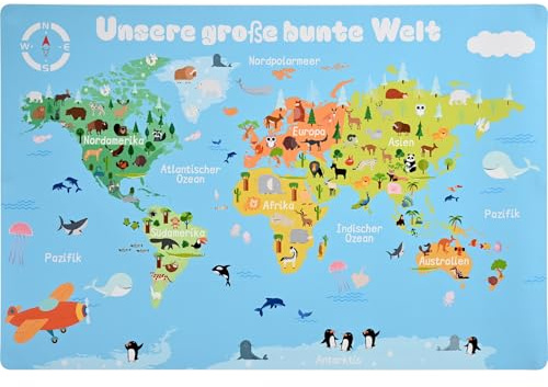Alishomtll Schreibtischunterlage für Kinder Weltkarte Schreibtisch Unterlage Abwischbar Kinderschreibtisch-Unterlage Wasserfest Bastelunterlage Rutschfest Lernunterlage zur Einschulung 60 x 40 cm
