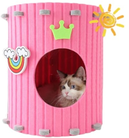 SSDHUA Wine Barrel Shaped Felt Cat Bed Foldable Pet Hole Hiding Bed Wear-Resistant and Scratch-Resistant Pet Bed Indoor Cat Bed for All Seasons (Pink, L)
