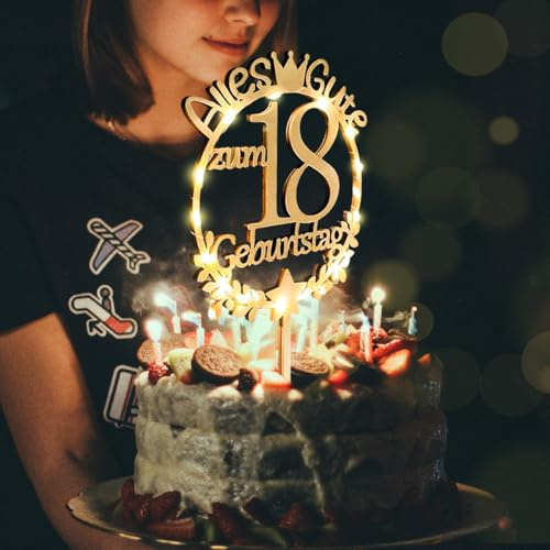 Tortendeko 18 Geburtstag Mädchen Table Decoration Cake Decoration 18th Birthday Girl Cake Topper Wood with LED, 18th Birthday Boy Girl Cake Decoration Birthday Decoration Table Decoration