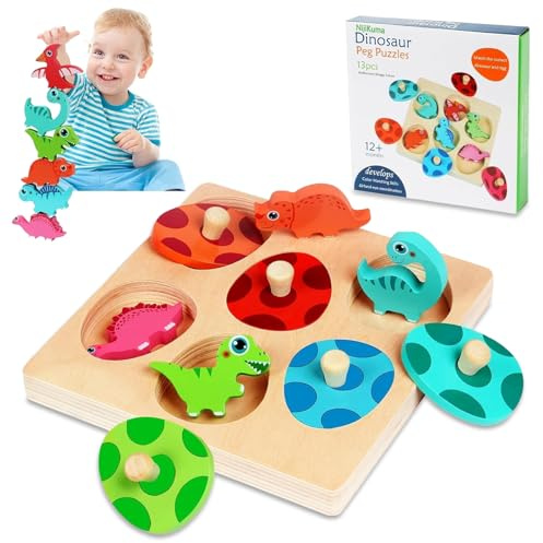 AMFUN Holzpuzzle Dino Eier, Greifpuzzle Motorikspielzeug, Holzpuzzle ab 1 Jahr (Dinosaurier)