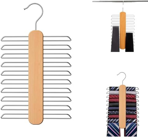 BOBOZHONG Wooden Tie Hanger for Wardrobe – 20 Non-Slip Chrome Bars Tie Organiser & Belt Rack with 360° Swivel Hook, Space-Saving Storage for Ties, Belts, Scarves (30cm x 15cm)