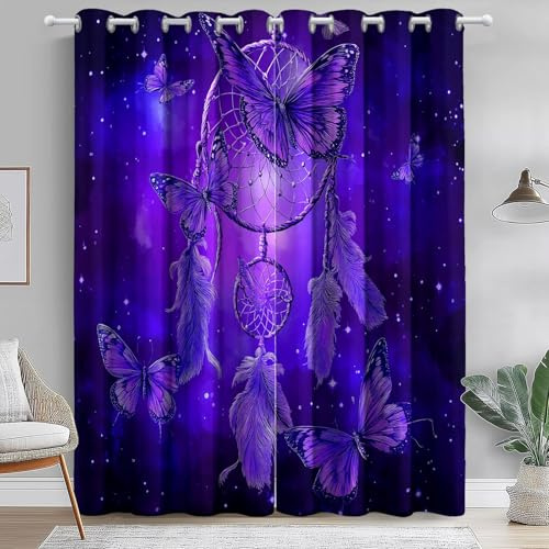 Tende Oscuranti per Interni 117 L x 138 A cm (2 Pannelli), Sogno Galassia Acchiappasogni Tema Poliestere & Termiche Isolanti Tende Scorrevoli con Occhielli per Soggiorno, Viola Scuro