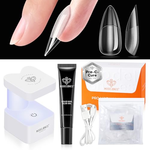 modelones Nageltips and Glue Gel Kit, 240 Pcs Medium Almond Nail Tips, Fester Nagelkleber & Mini Uv Lampe für Nägel, 15 Größen Nagel Tips Set für Nagelverlängerung DIY Salon Geschenke