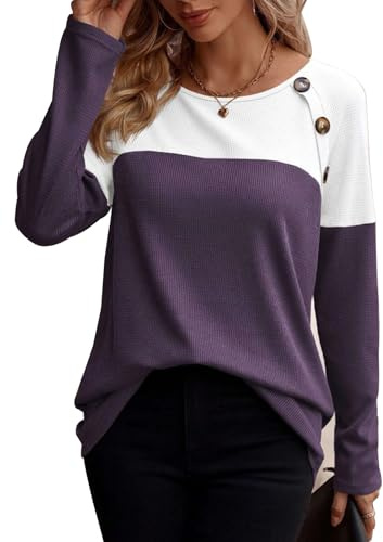 Awinclo Womens Loose Fit Tops Fall Casual Crewneck Long Sleeve Shirts Sweatshirts Ladies Waffle Knitted Tops Fall Winter Tunics Blouses Purple X-Large