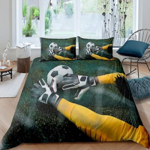 Set Copripiumino Matrimoniale Portiere di Calcio Biancheria da letto Tema Sportivo in Morbida Microfibra 3D Parure Copripiumino 240x220 cm con Cerniera e 2 Federe 50x80 cm E.1499