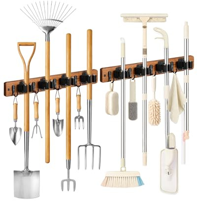 Lorbro 2 Pack Broom Holder Wall Mounted, Wooden Brush Mop and Broom Storage Rack with 4 Slots & 4 Hooks, Brush Holder and Mop Organiser for Kitchen, Garage, Utility Room and Cupboard